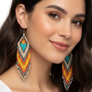 Southwestern Beaded Fringe Earrings 5” NWT Tan Turquoise Orange Boho Festival